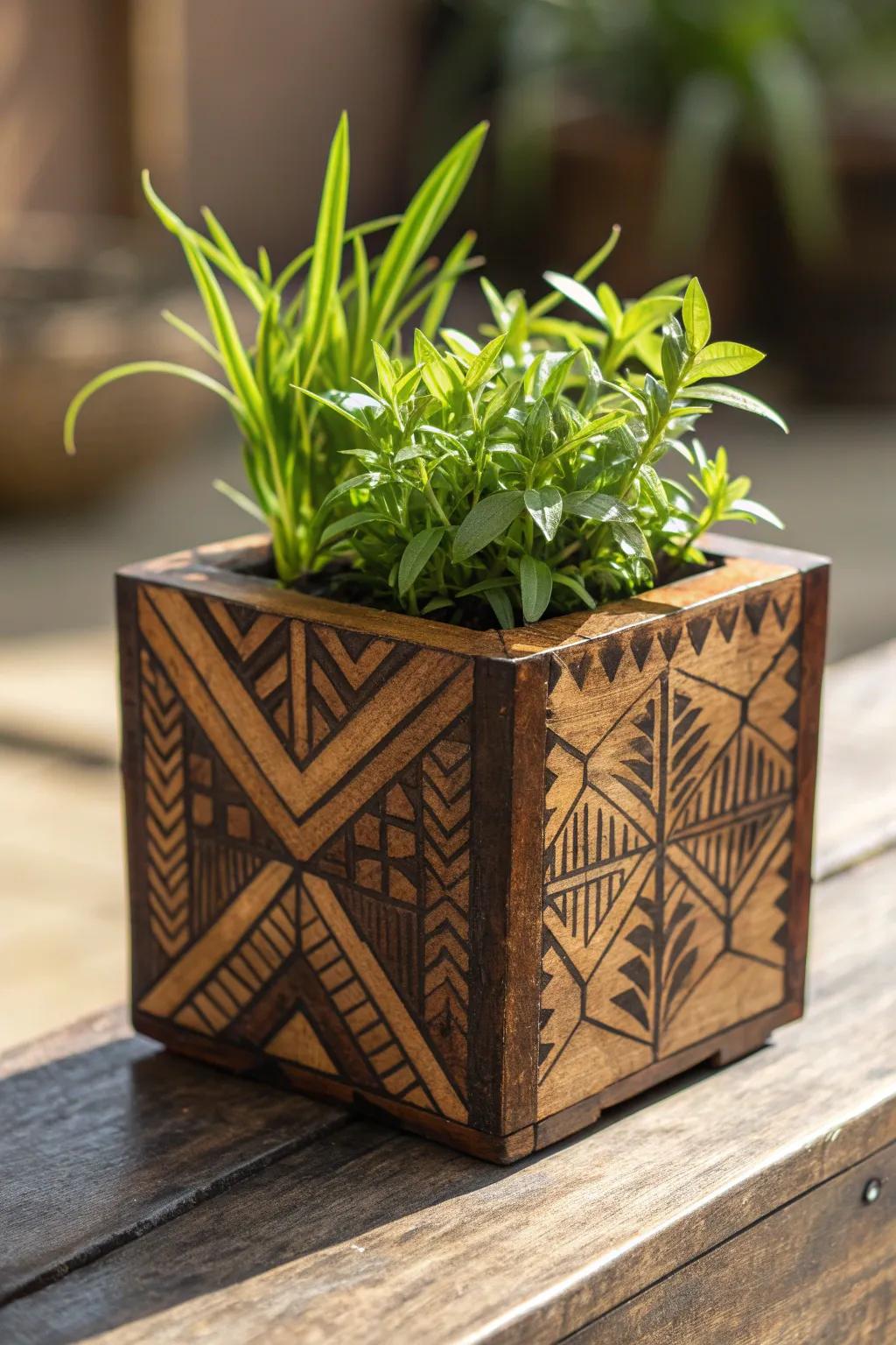 Elevate your greenery with a touch of modern art—geometric wood-burned planters for the discerning eye.