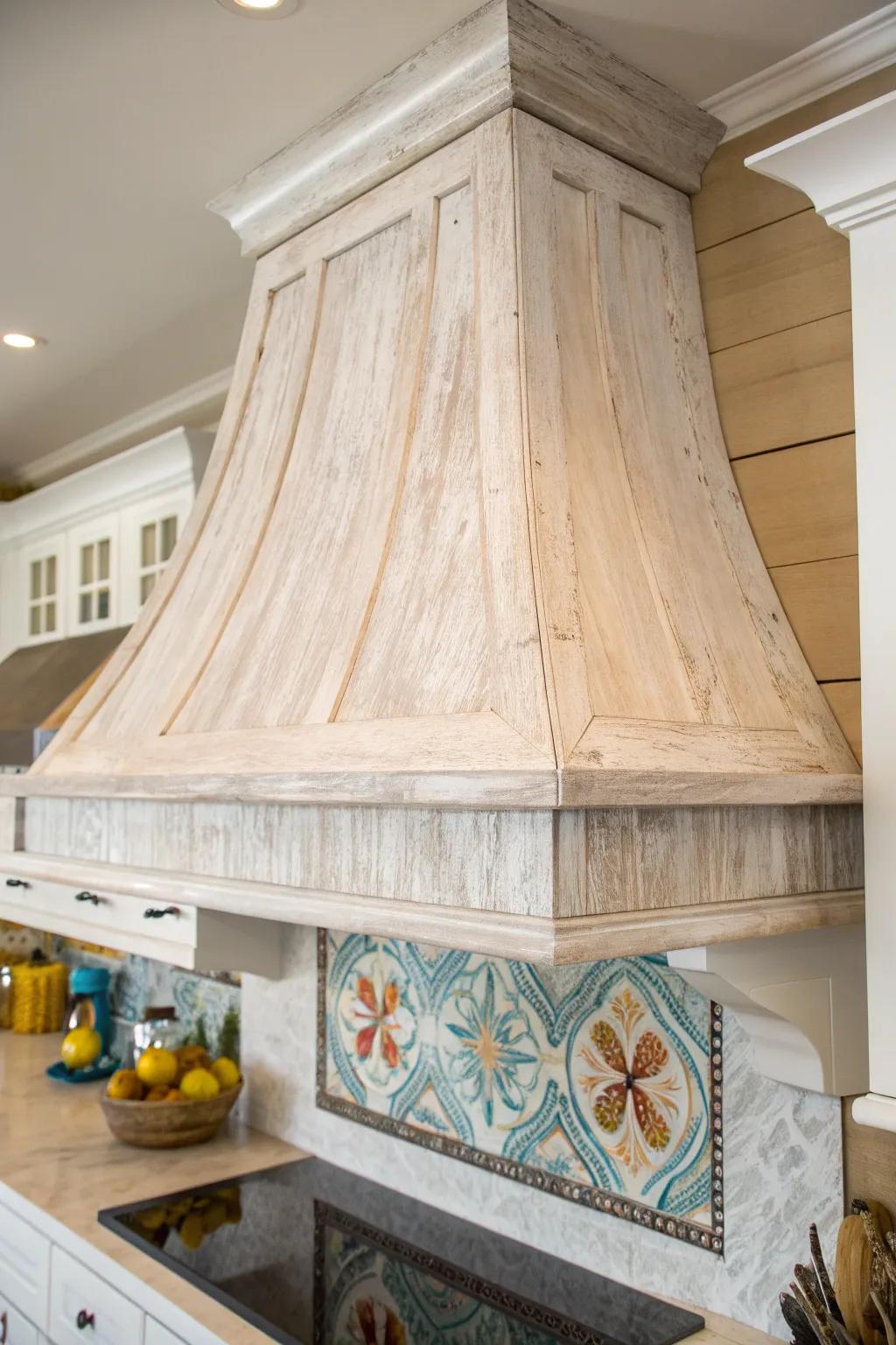 Elevate your kitchen with the rustic charm of a whitewashed wood hood.