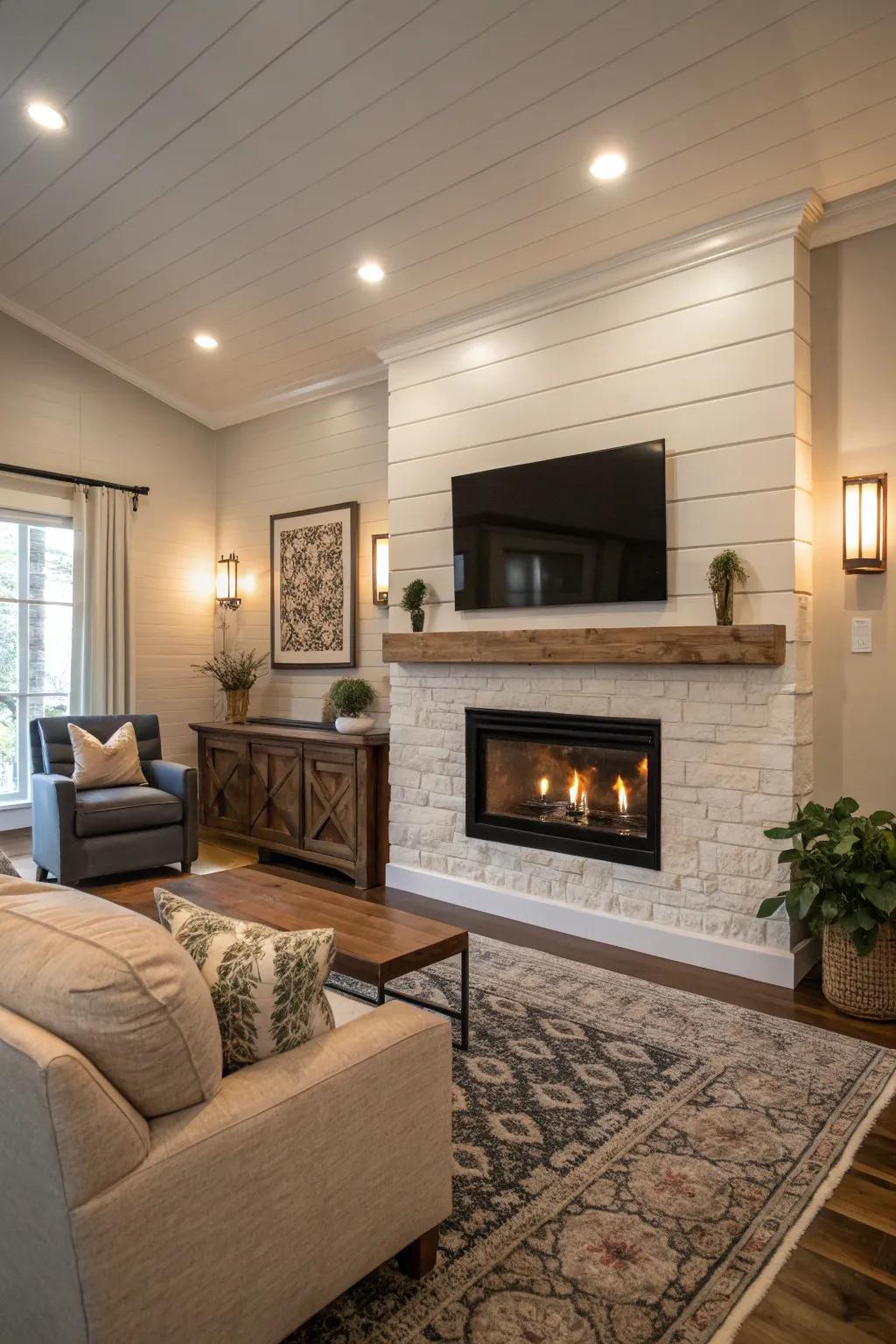 Living room with a shiplap accent wall highlighting a modern fireplace.