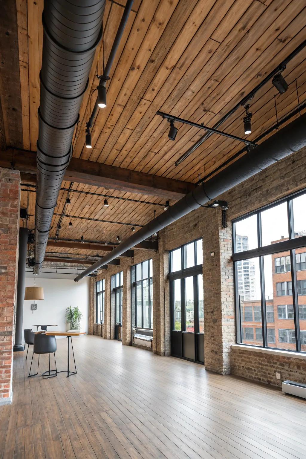 Industrial elements add an edgy contrast to the warm wood ceiling.