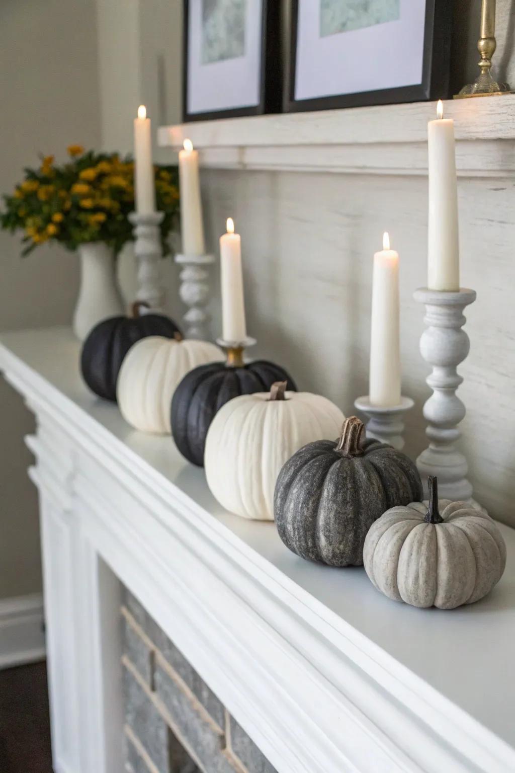 Achieve modern elegance with monochrome wooden pumpkins.