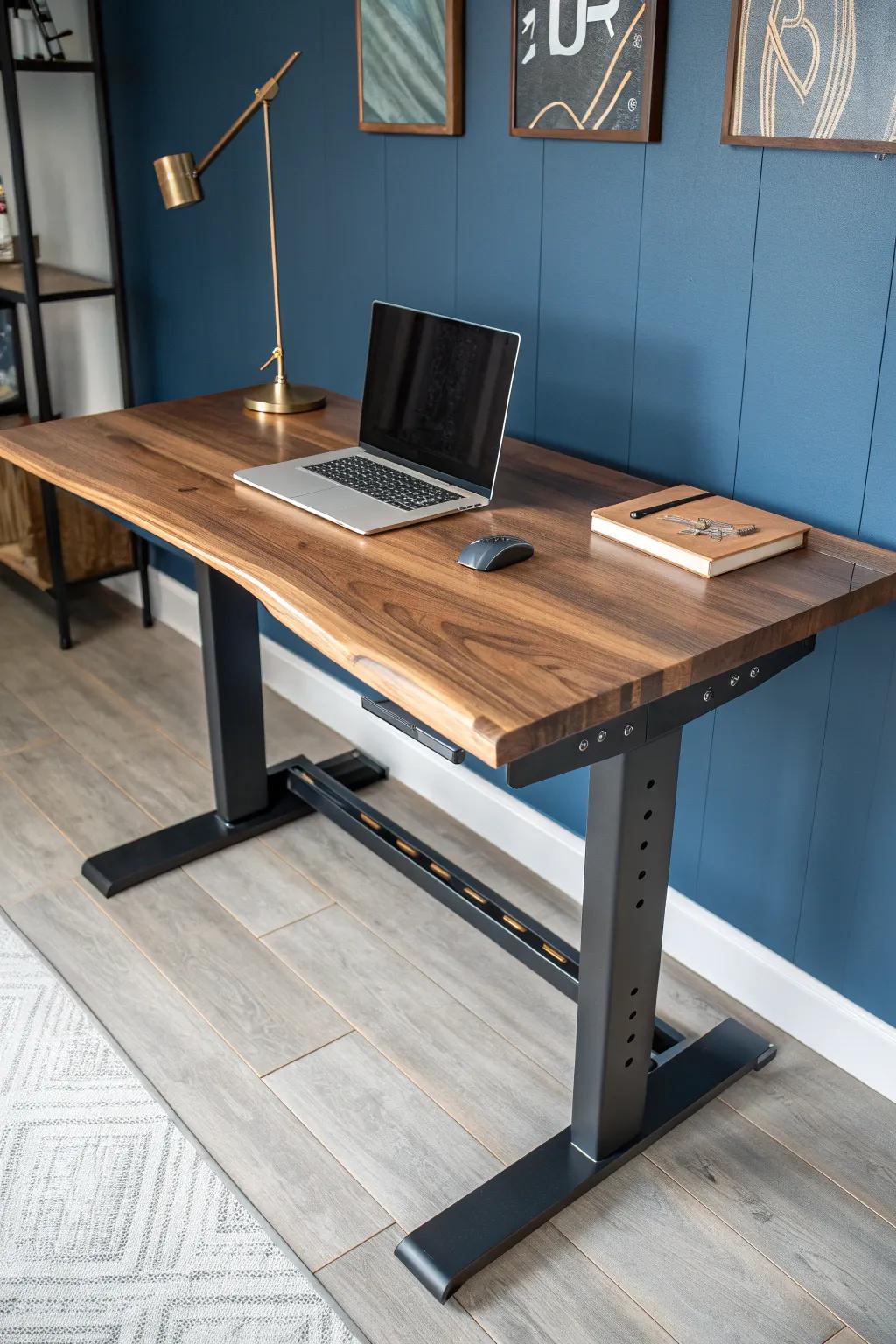 Elevate your workspace with a stunning convertible wood slab desk, where craftsmanship meets innovation.