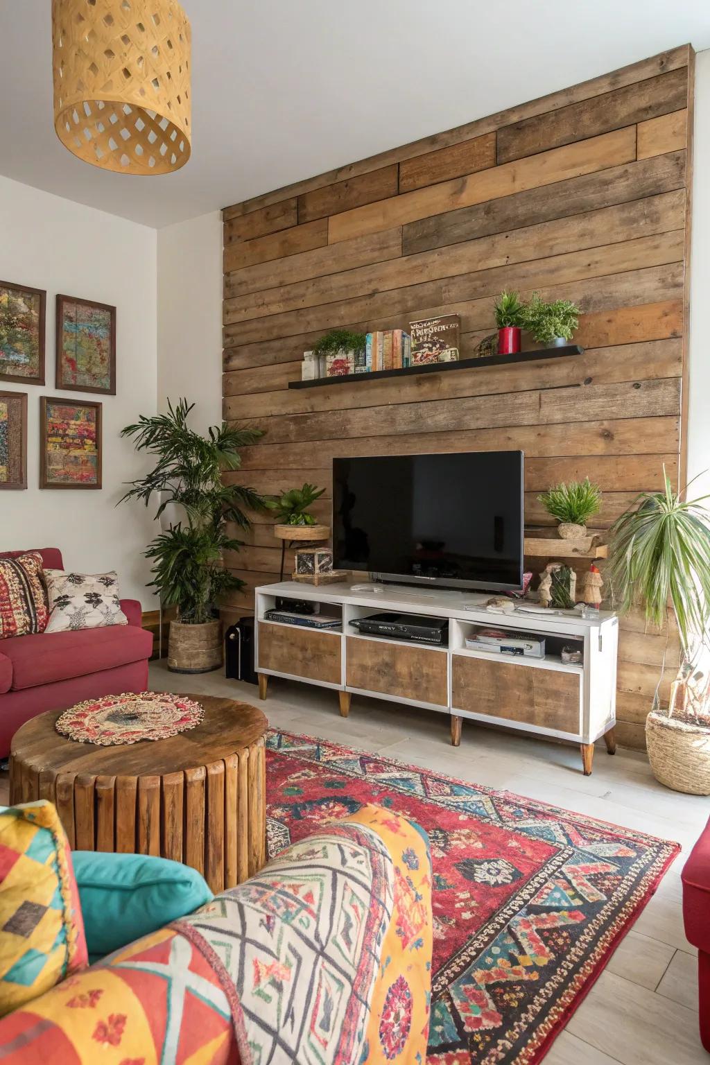 Mix and match textures for a unique wood slat TV wall.