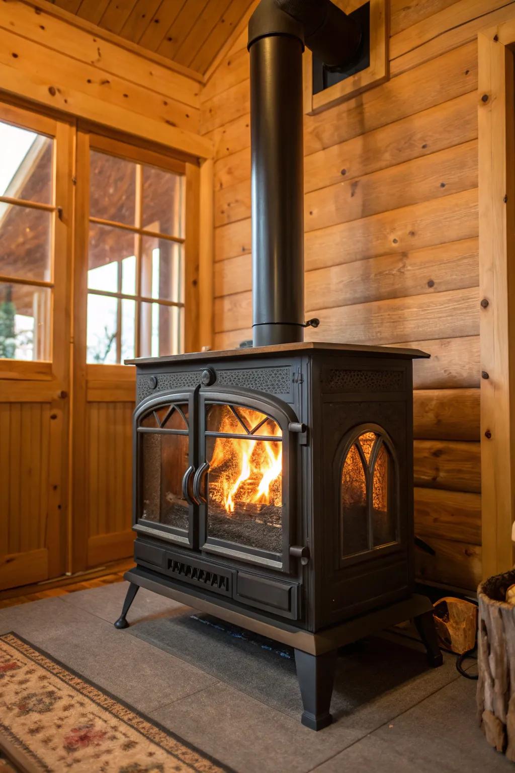 Large glass doors on this wood stove showcase the mesmerizing beauty of the flames.