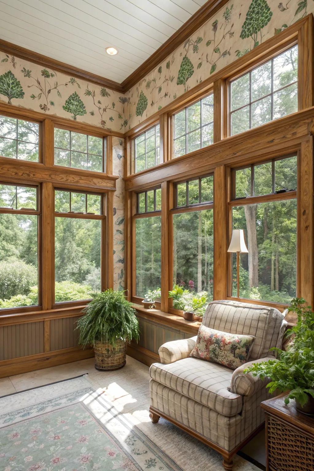 Bright sunroom with framed wallpaper panels for a playful touch.