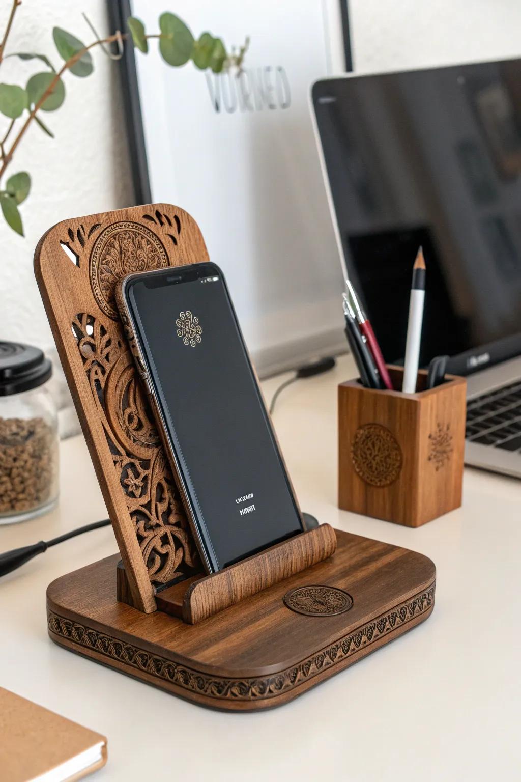 Personalized phone stands combine function and style in any workspace.