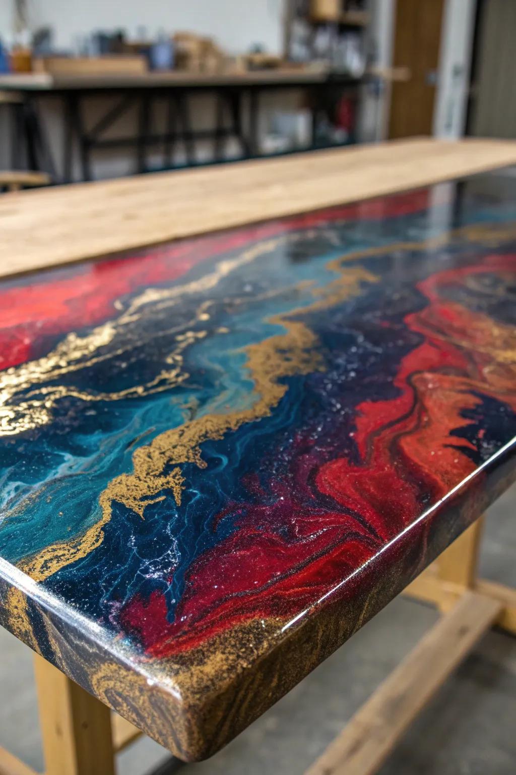 Transform your workspace into a masterpiece with an epoxy resin workbench top.