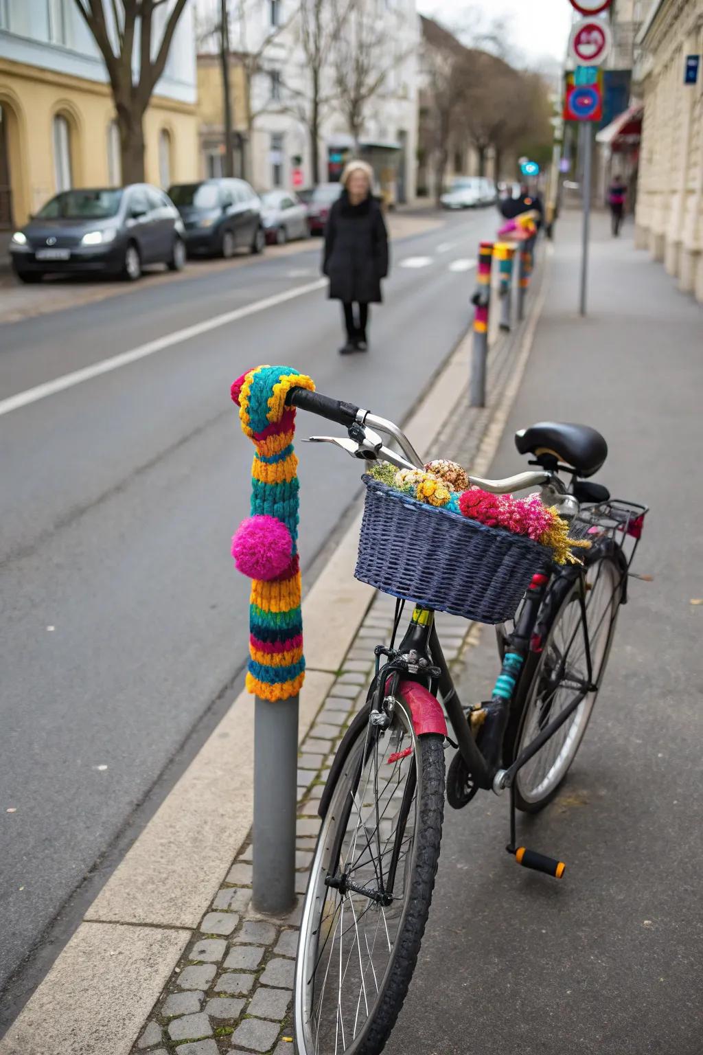 Yarn decorations add personality to this bicycle.