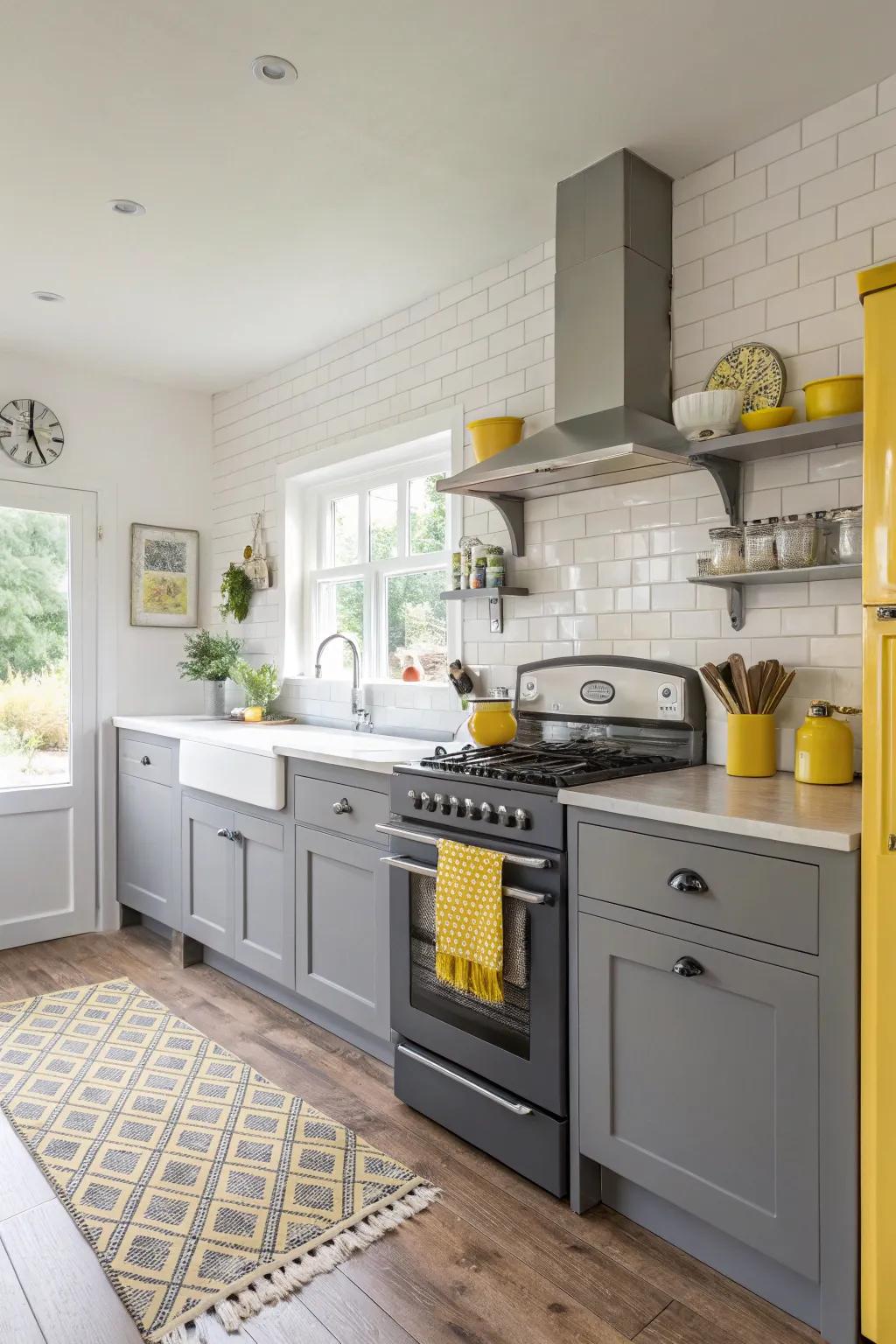 Grey appliances provide a modern base for lively yellow accents.