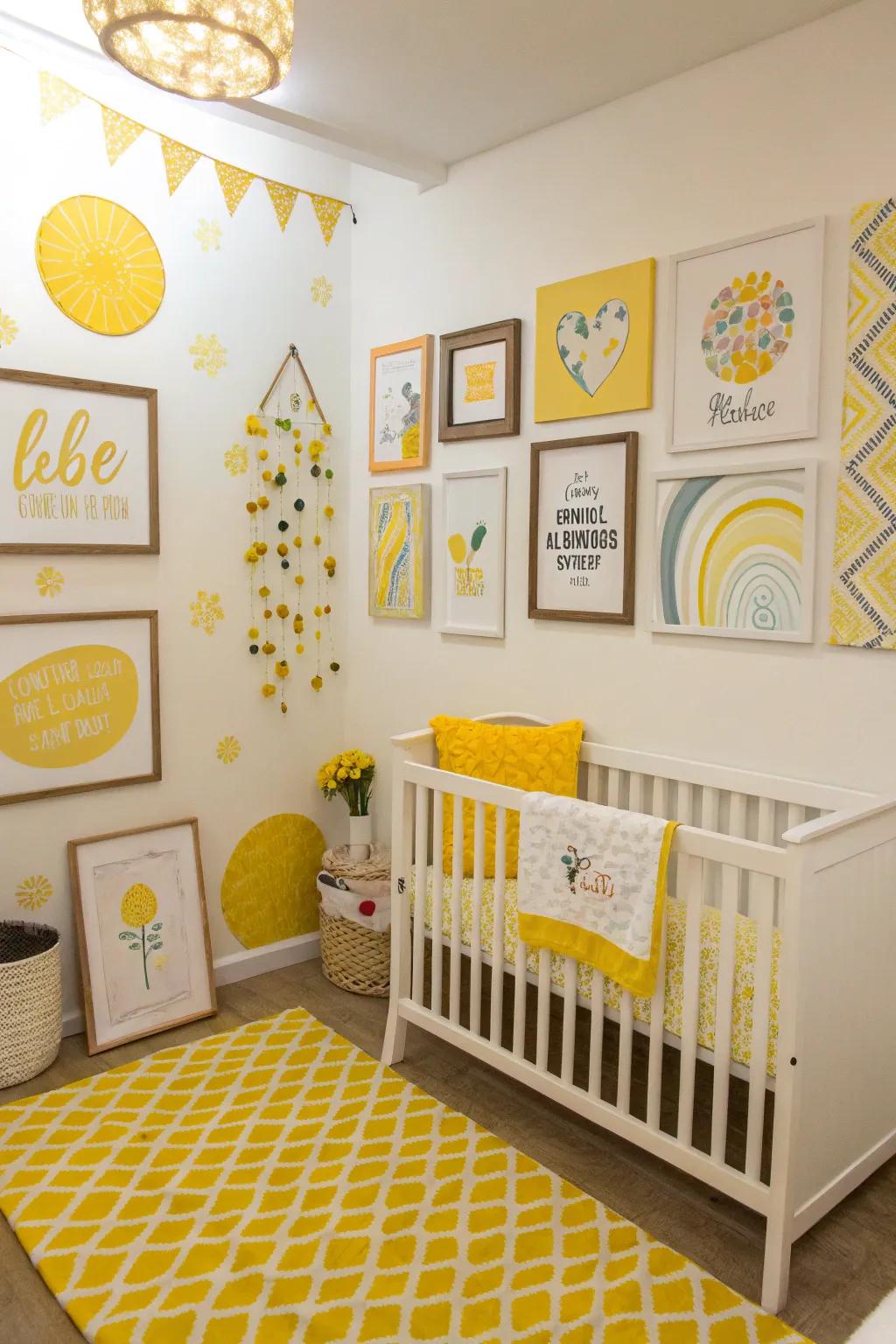 Yellow themed art brings a splash of creativity and color to this nursery.