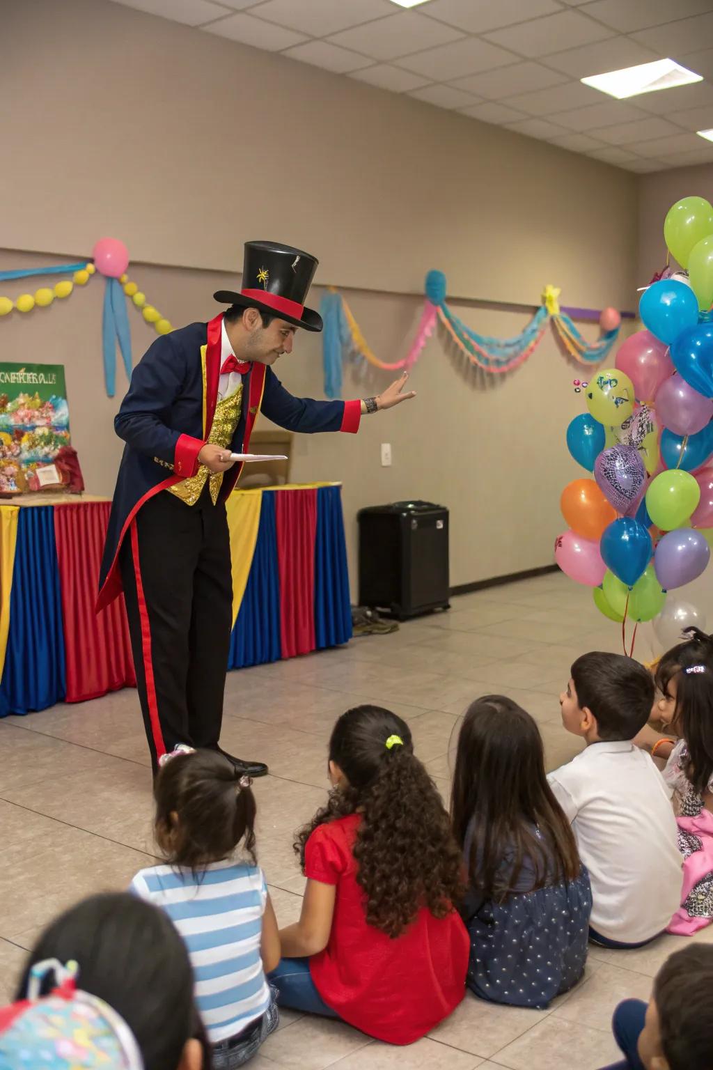 A magic show adds wonder and amazement to a birthday celebration.