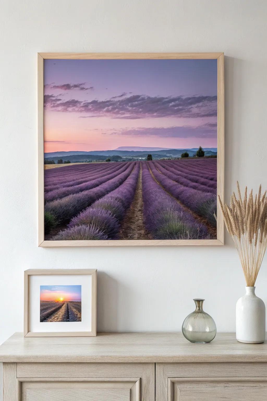 Embrace tranquility with this elegant depiction of lavender fields at dusk, perfect for adding a touch of serenity to any space.