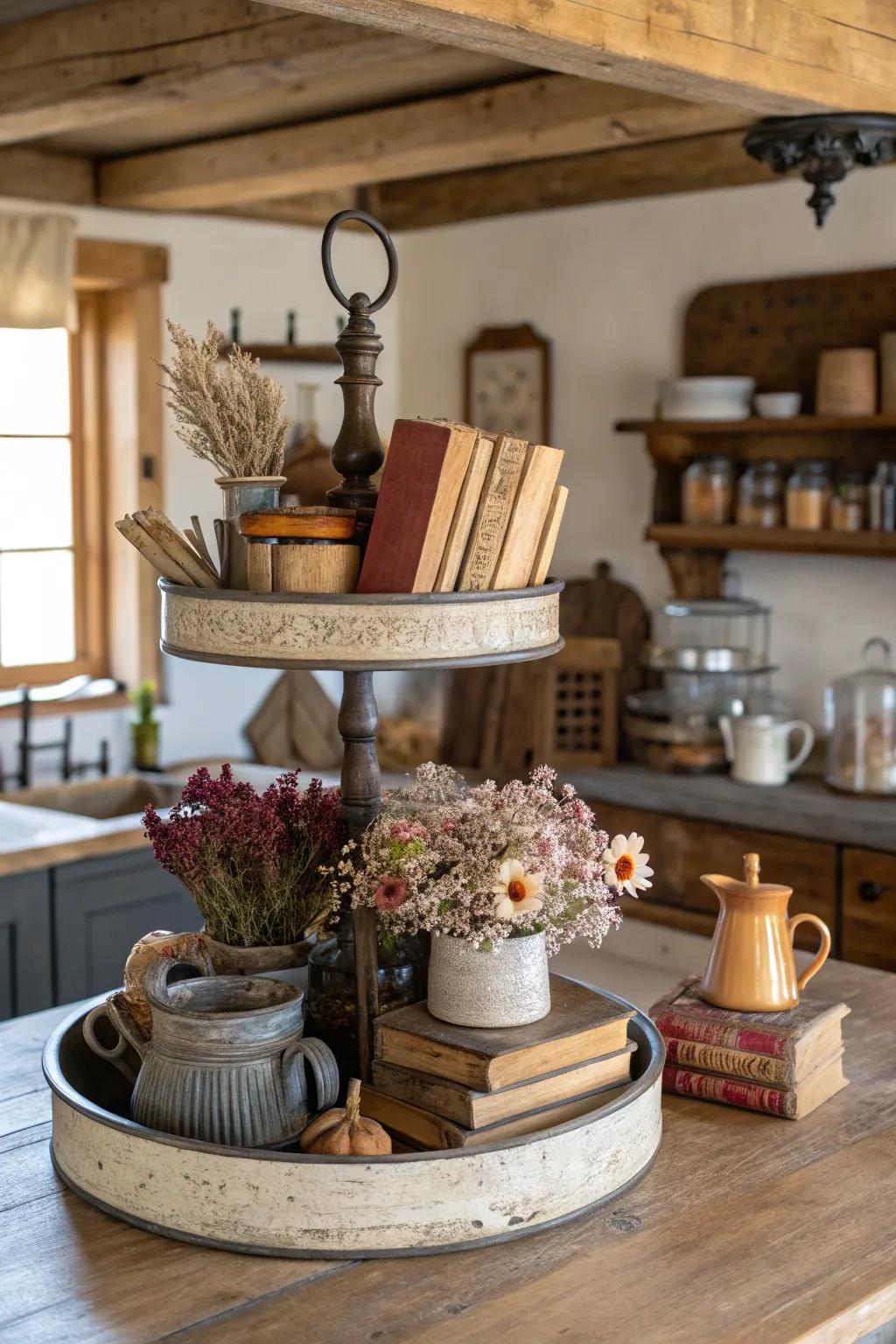 Capture rustic elegance with a farmhouse-themed 2-tiered tray.