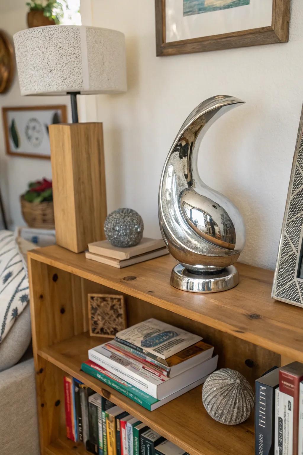 A handcrafted silver sculpture adds artistic flair to any space.