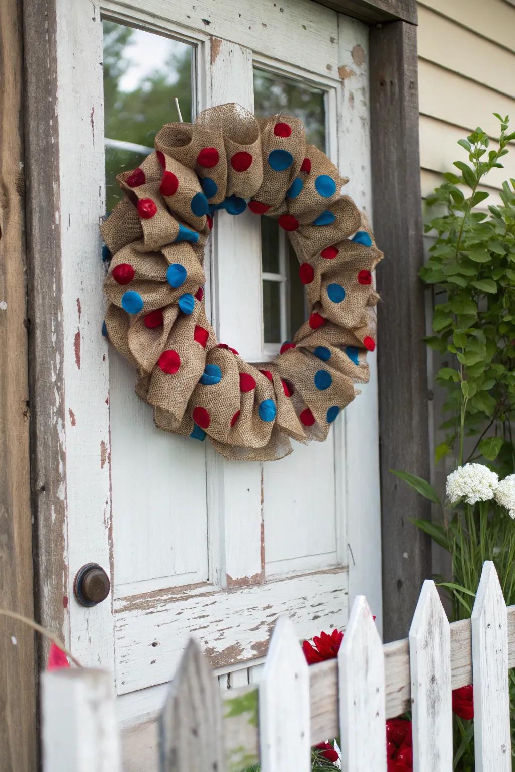 A fun and cheerful polka-dot burlap wreath for a touch of whimsy.