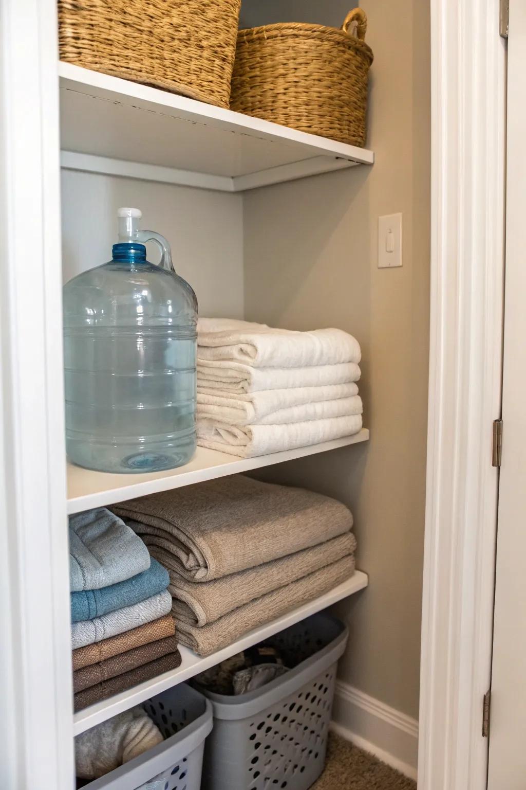 Linen closet storage keeps water jugs neat and hidden.