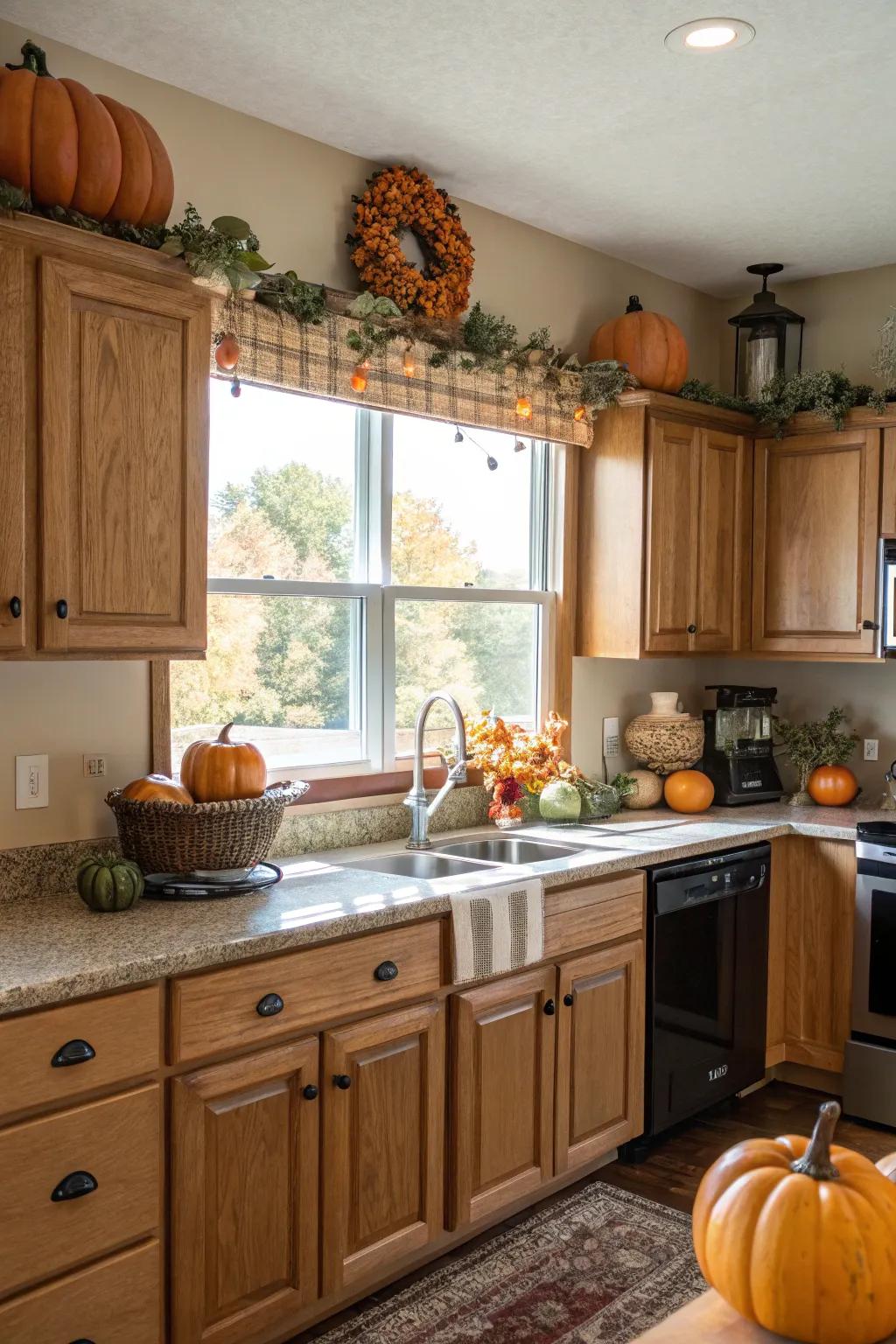 Seasonal decor above cabinets keeps the kitchen atmosphere lively.