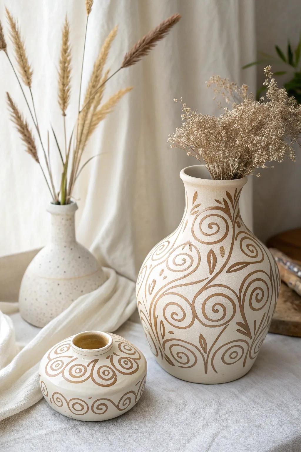 Embrace the joy of whimsical design with this stunning ceramic piece, where playful swirls meet minimalist elegance.