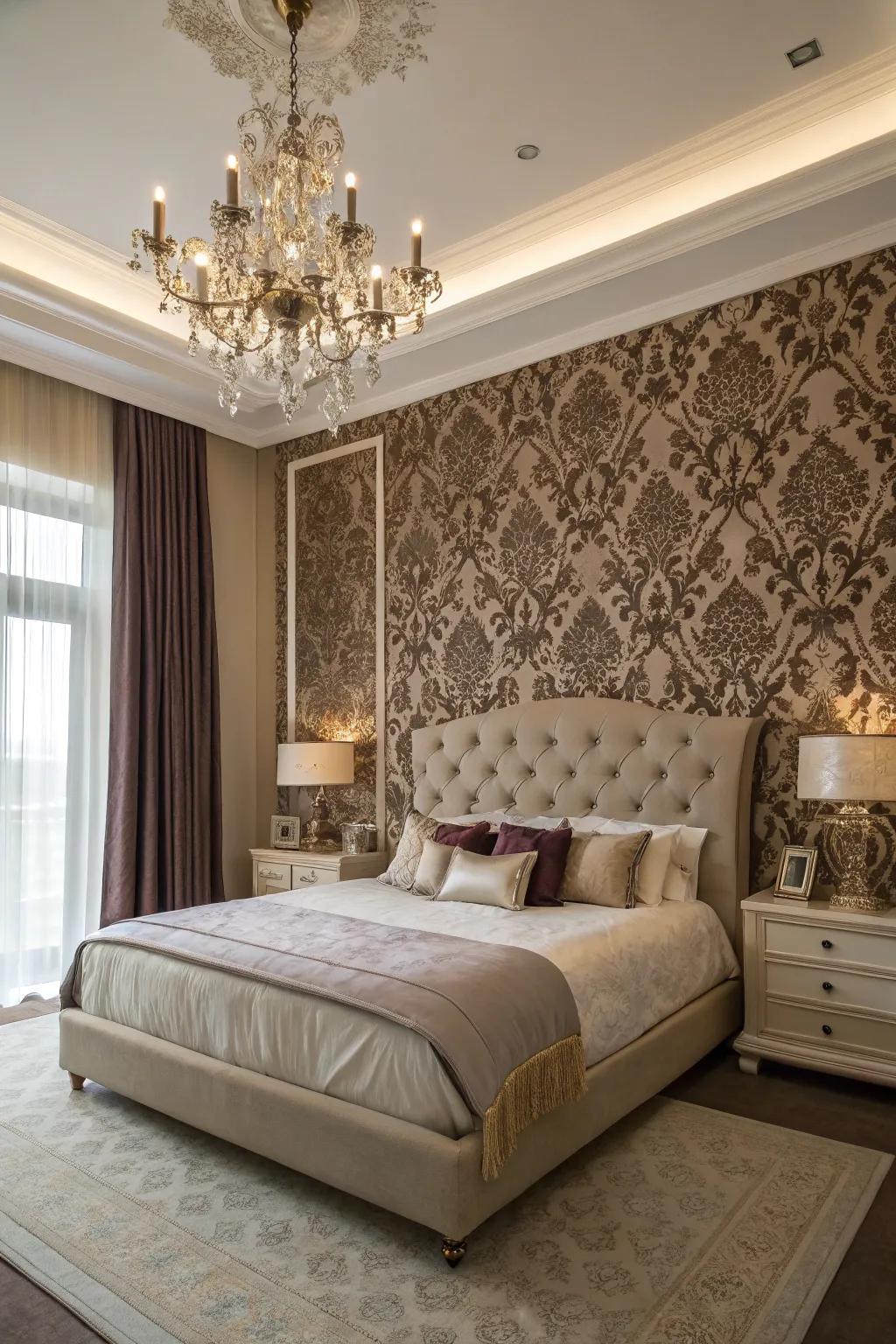 Damask wallpaper provides a timeless and elegant accent.