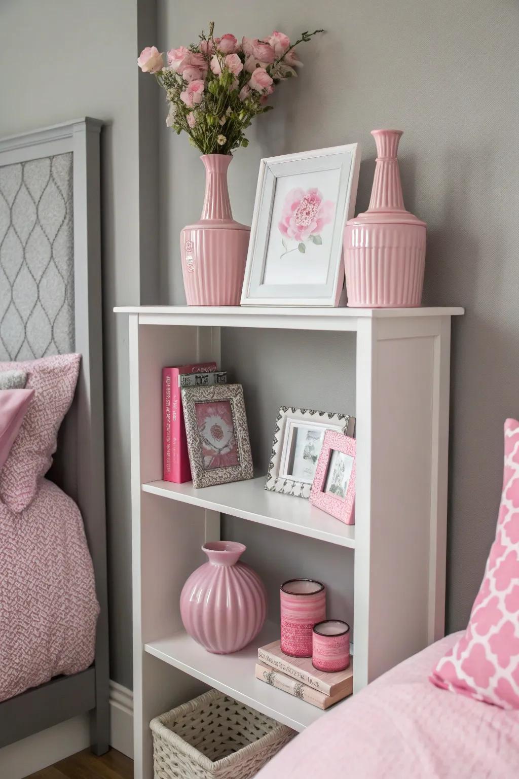 Pink accessories add subtle pops of color to a grey-themed room.