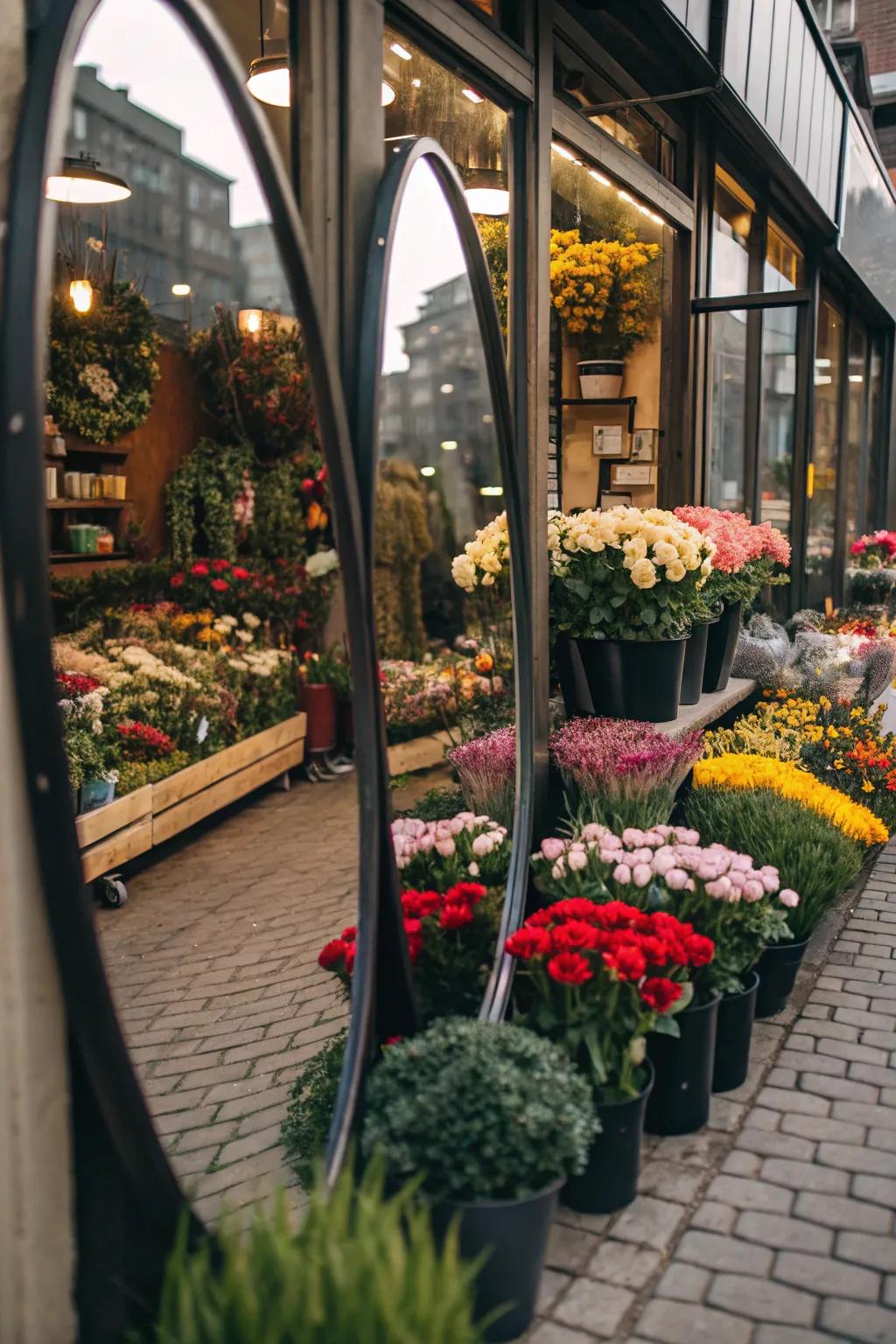 Mirrors used to expand space in a flower shop