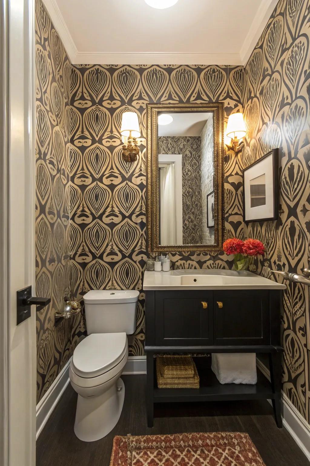 A powder room with bold patterned wallpaper making a statement.