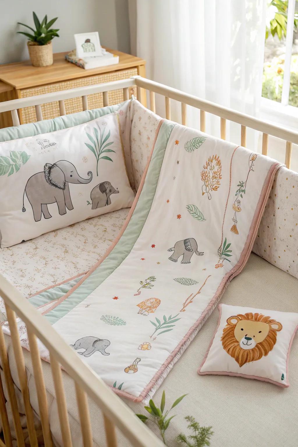 Animal-themed bedding makes the crib a cozy centerpiece.