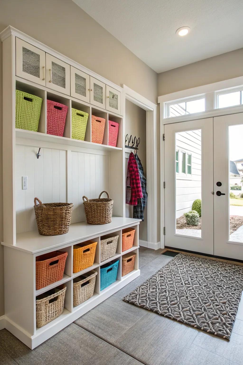 Cubby storage keeps entryway essentials organized.