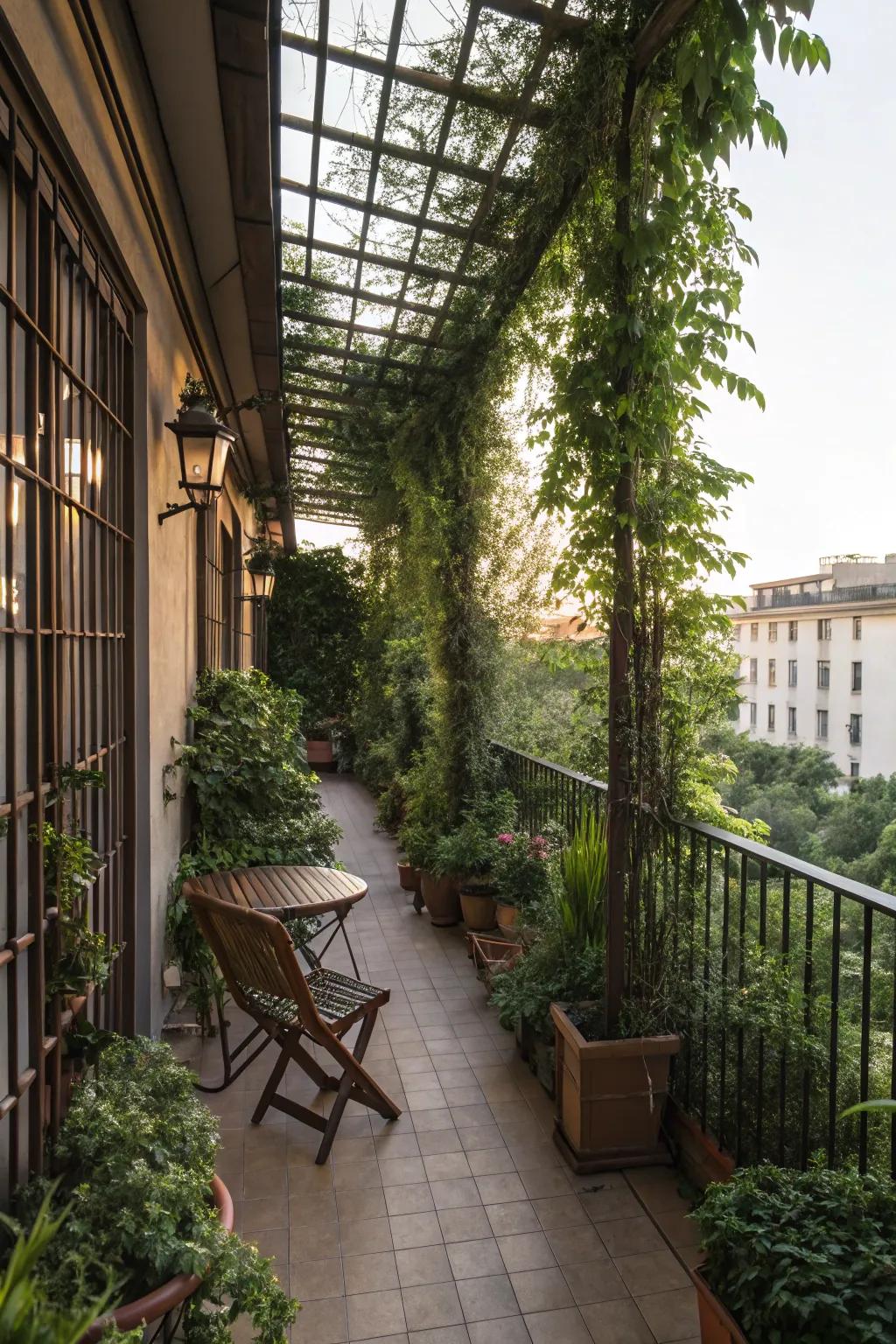 A private oasis created with tall plants and trellises.