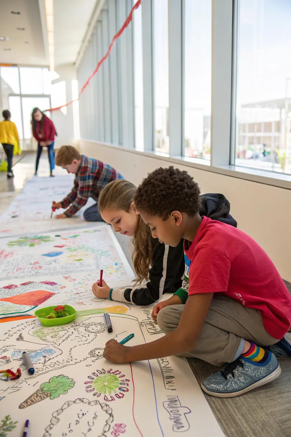 A group of children contributing to a collaborative mural, bringing their unique visions to life.