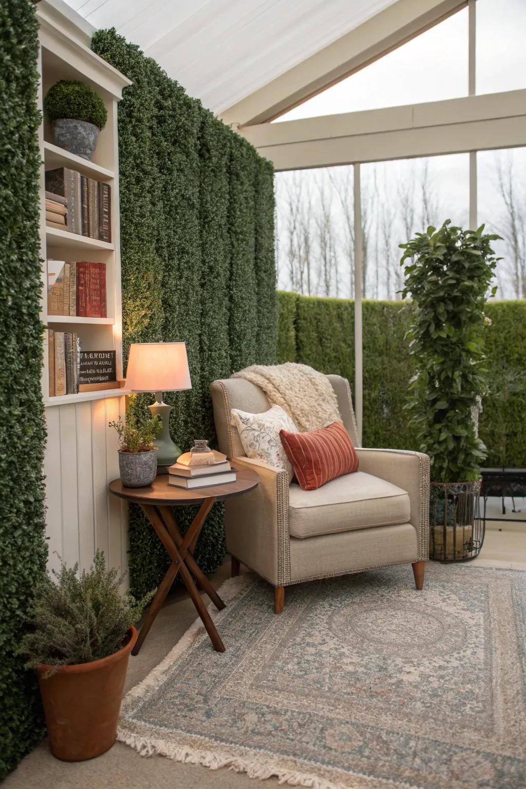 Enhance your reading nook with a serene backdrop of artificial hedges.