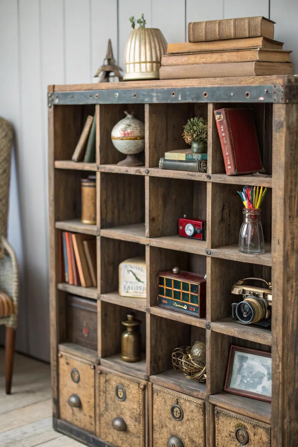 A vintage-inspired cubby cabinet perfect for organizing treasures.