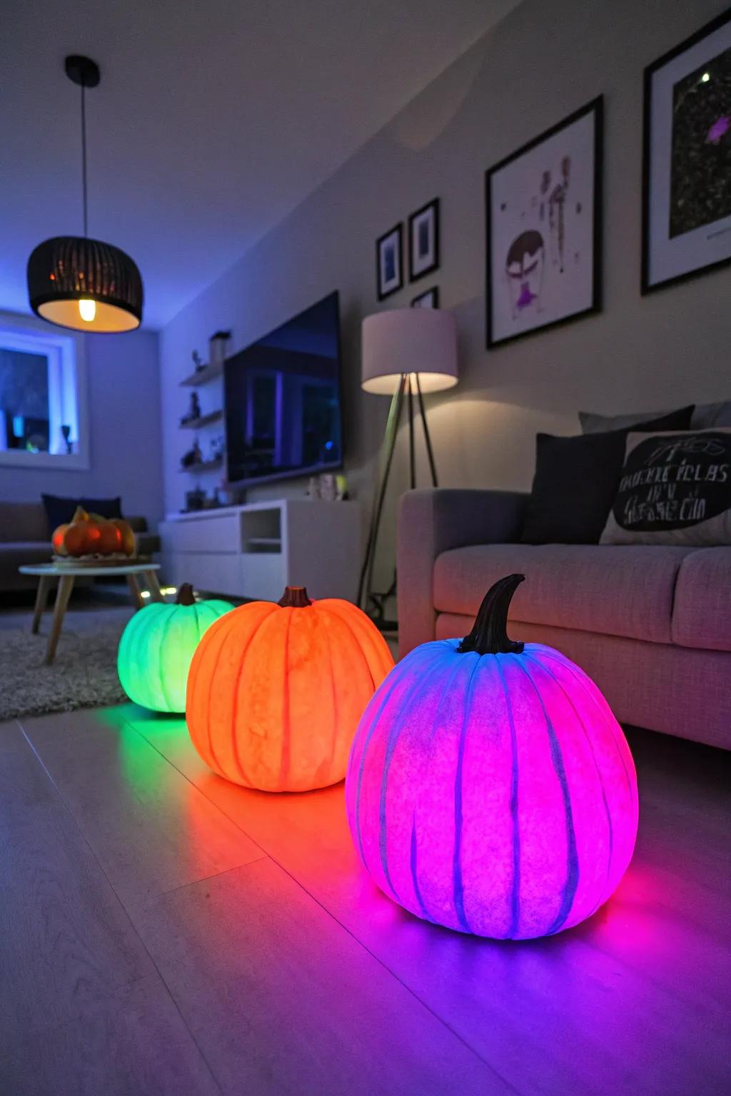 Neon-painted pumpkins offering a vibrant and modern twist to Halloween décor.