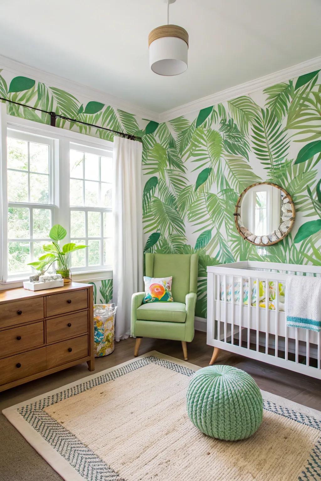 A tropical-themed nursery with vibrant prints and exotic accents.