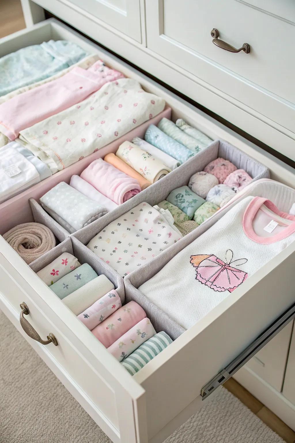 Drawer organizers keep baby clothes tidy and easy to access.