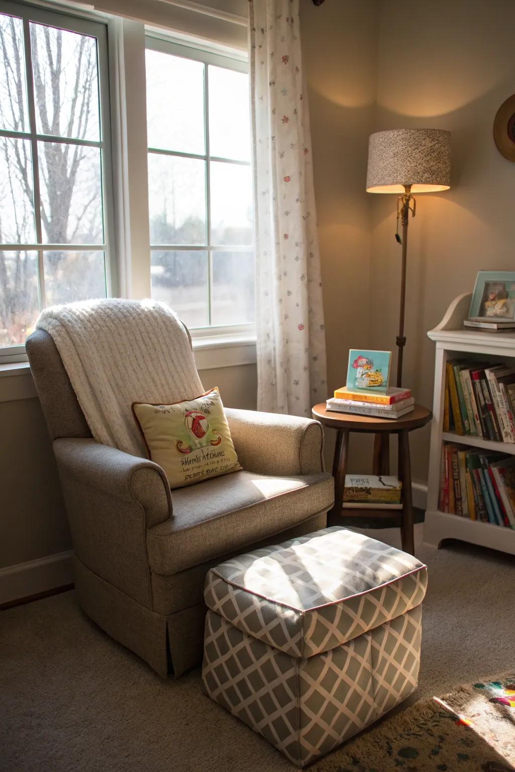 A reading nook fosters early literacy and bonding in a nursery.