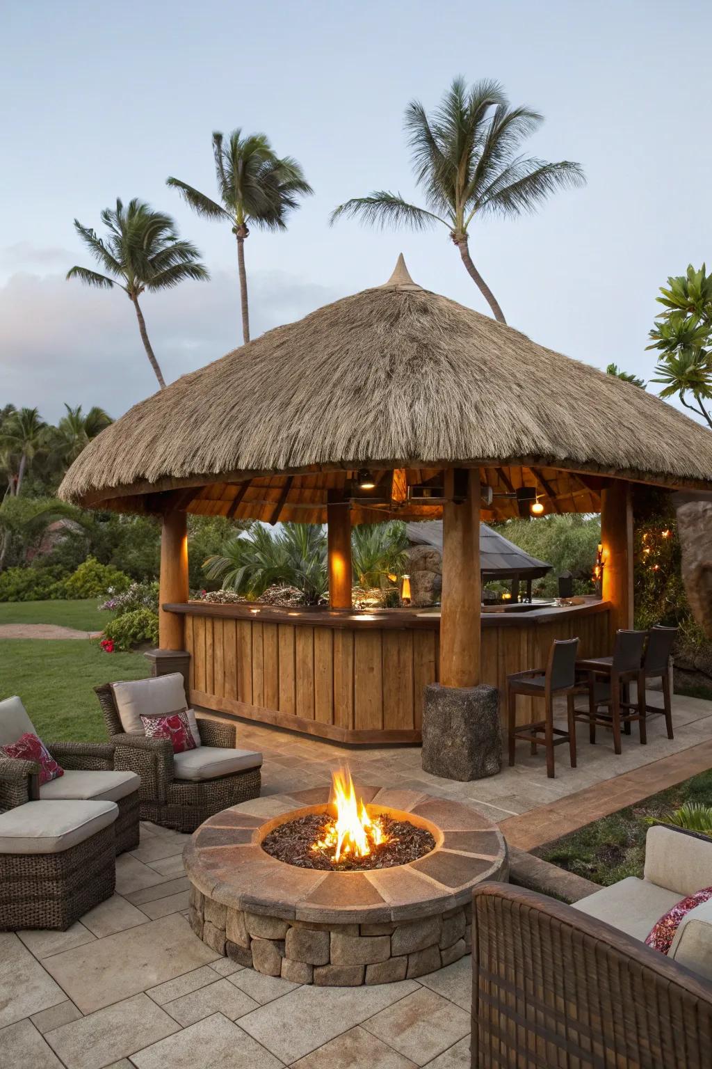 A fire pit adds warmth and charm to your tiki hut setting.