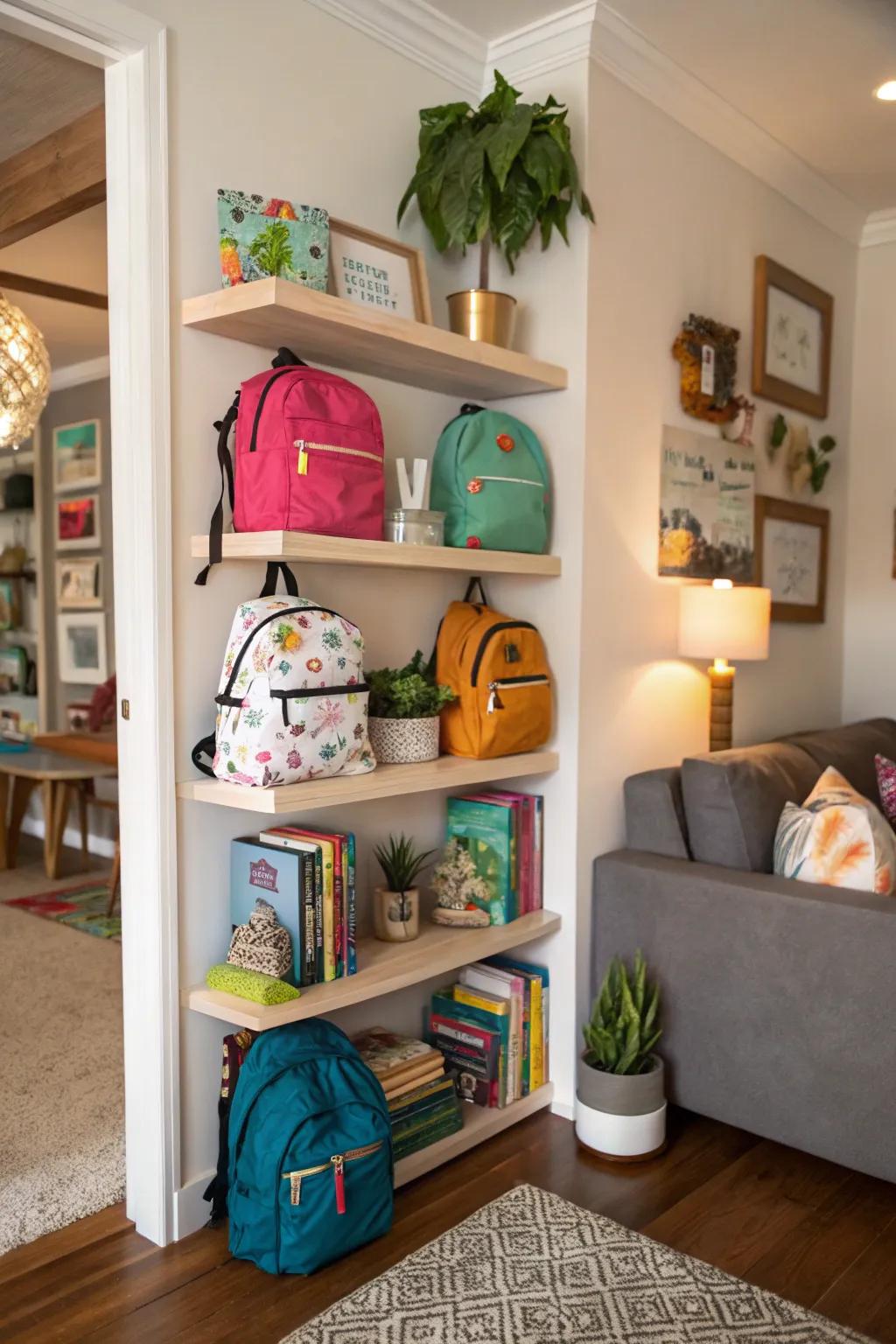 Corner shelves utilize underused space for backpack storage.