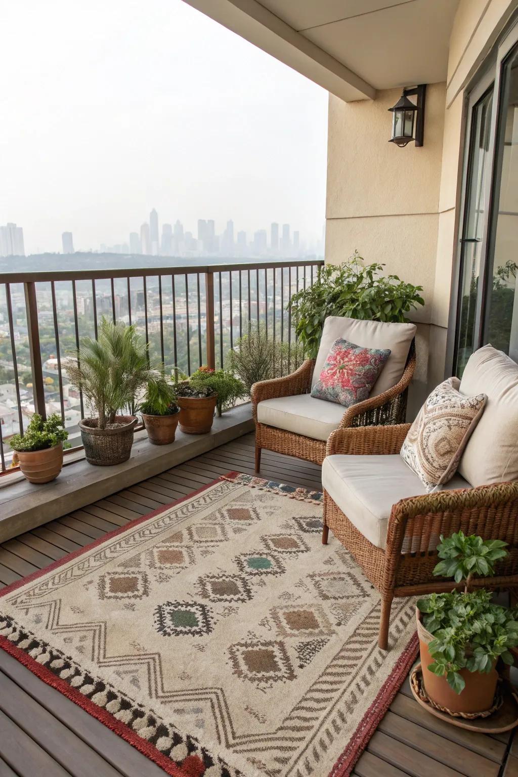 An outdoor rug adds warmth and style to your balcony.