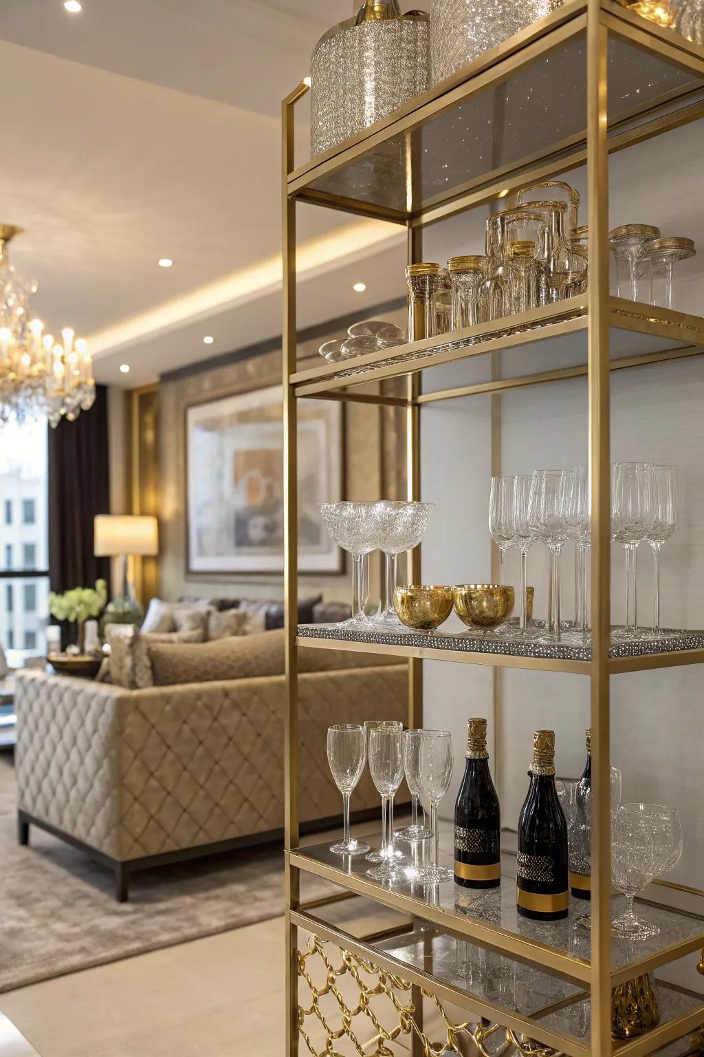 Gold shelves add a touch of luxury and glamour.