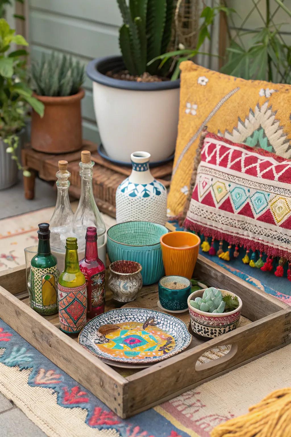 Embrace bohemian bliss with an eclectic tray setup.