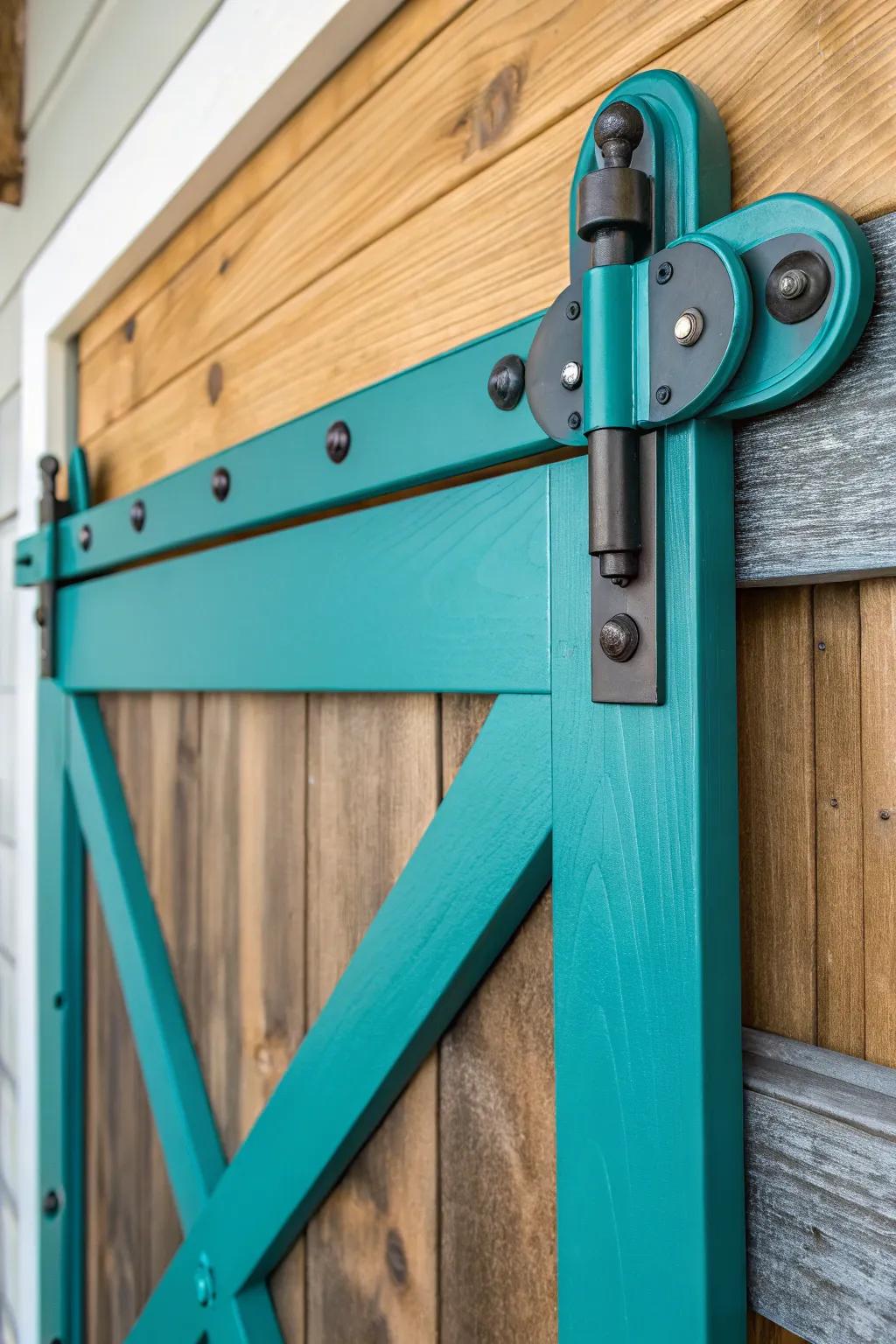 Add a splash of color to your space with this stunning teal barn door hardware.