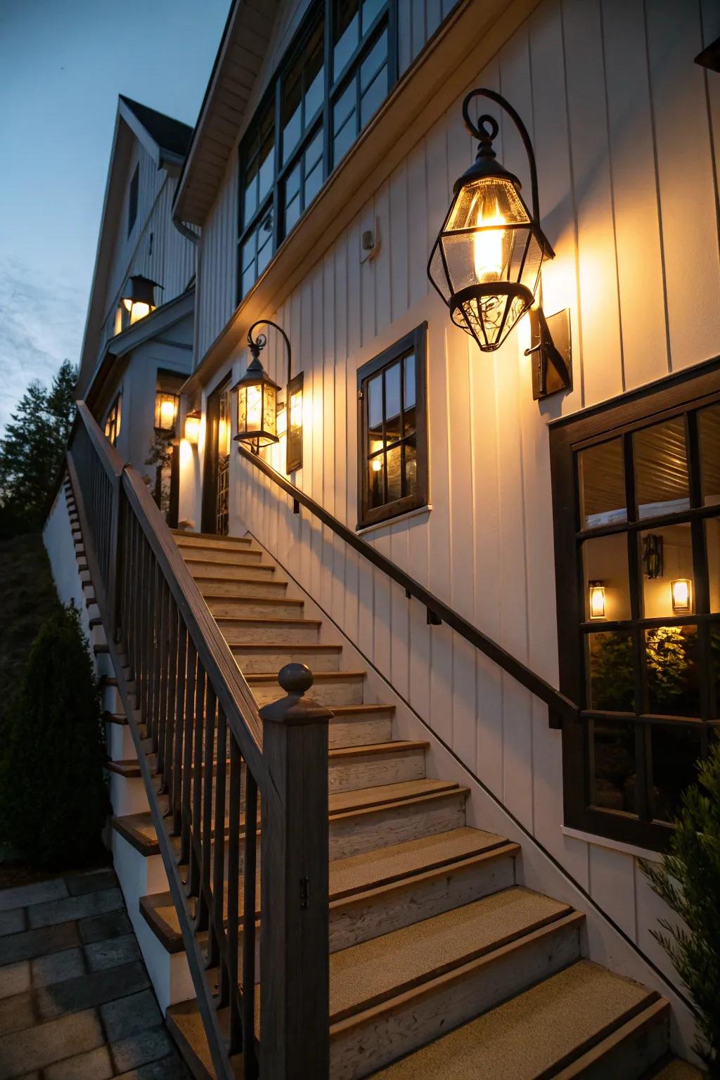 Barn sconces provide style and safety to staircases.