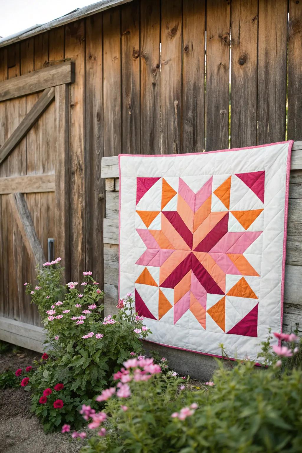 Embrace the vibrant spirit of your garden with this pink and orange barn quilt masterpiece.