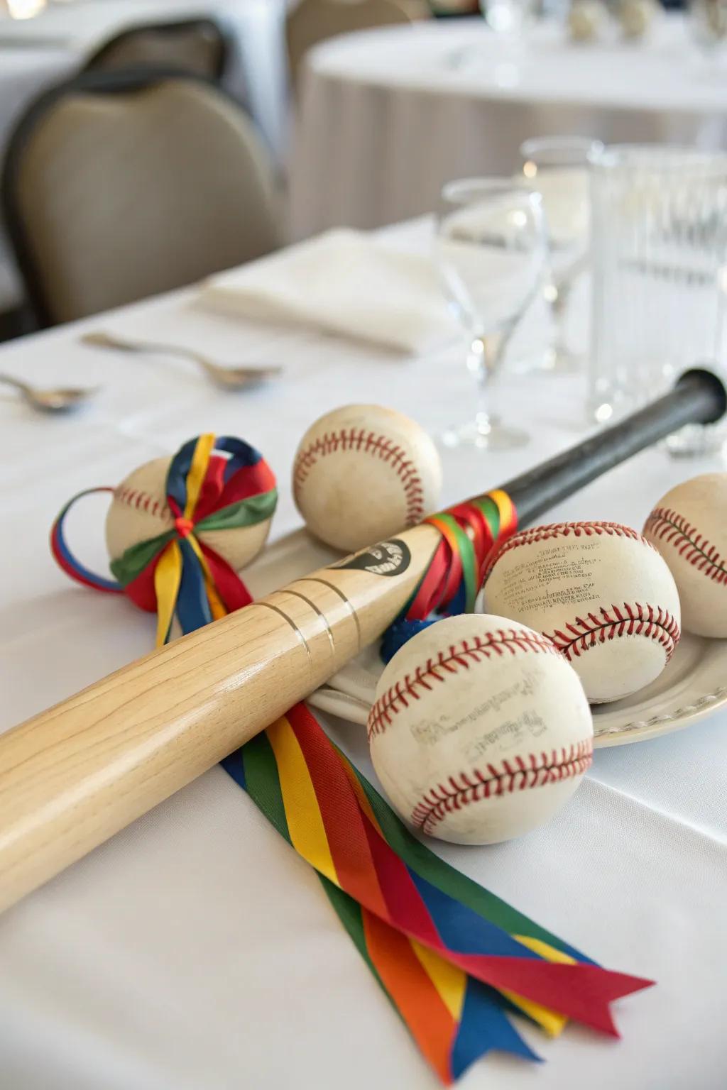 A dynamic centerpiece that combines baseball bats and balls in a playful display.