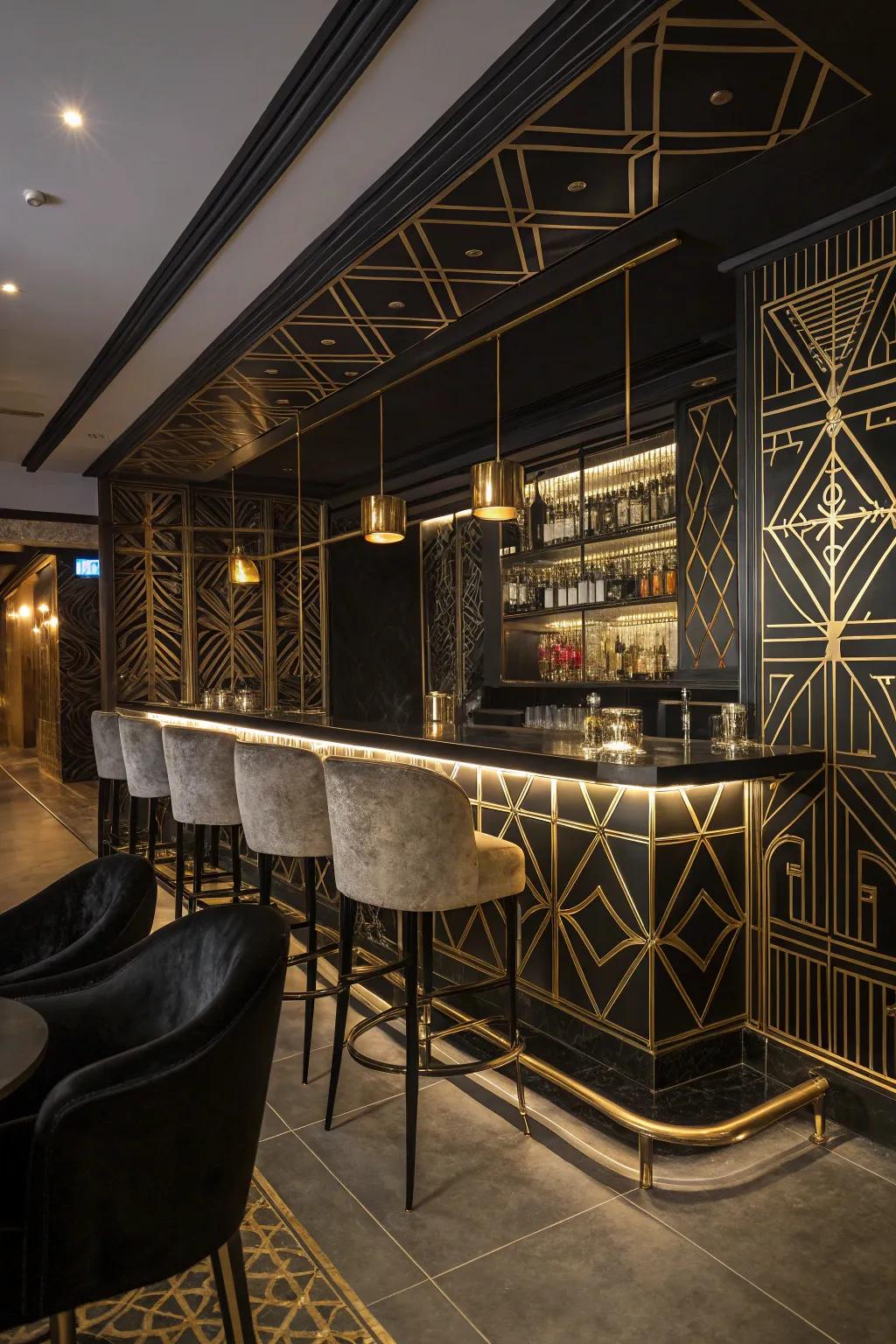 Embrace the glamour of Art Deco in your basement bar.