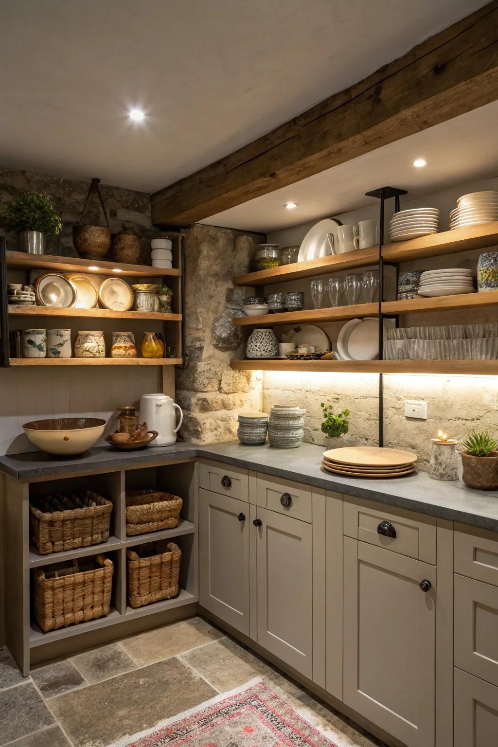 Open shelving offers both style and accessibility in a basement kitchen.