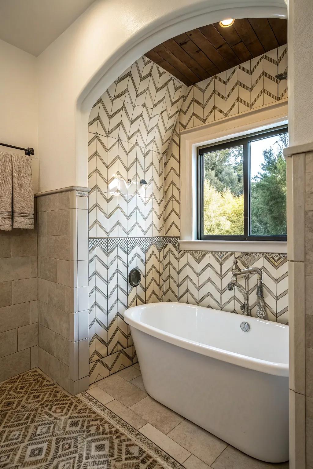 Chevron tiles add dynamic visual interest to a bathroom alcove.