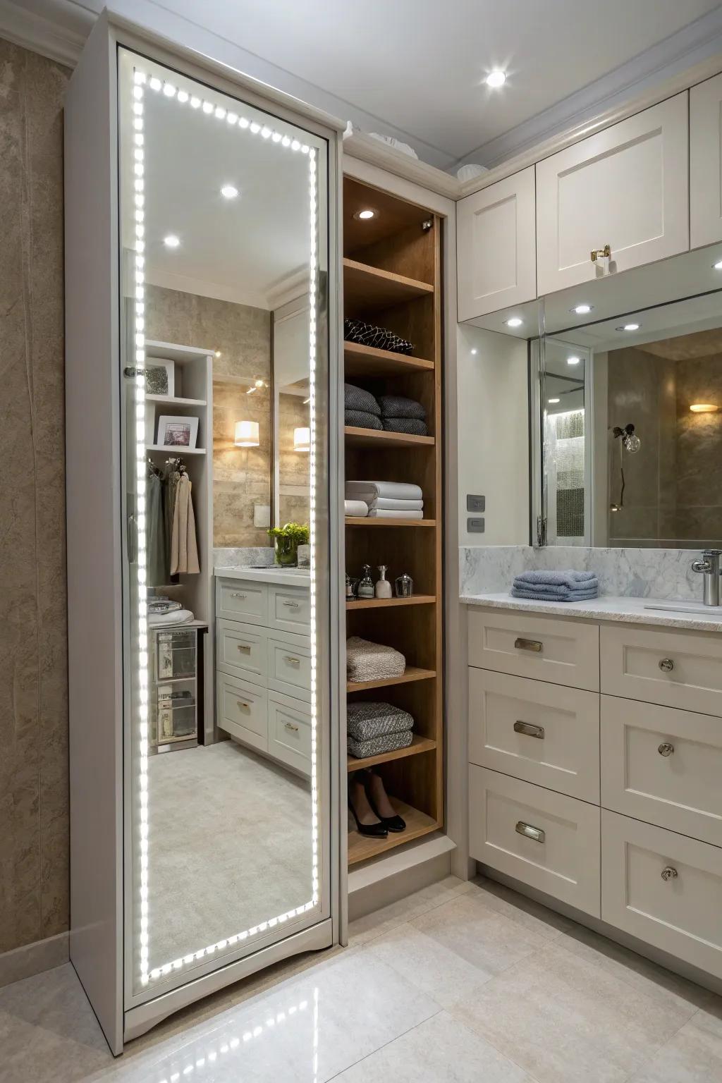 A lighted mirror provides both practicality and a touch of luxury.