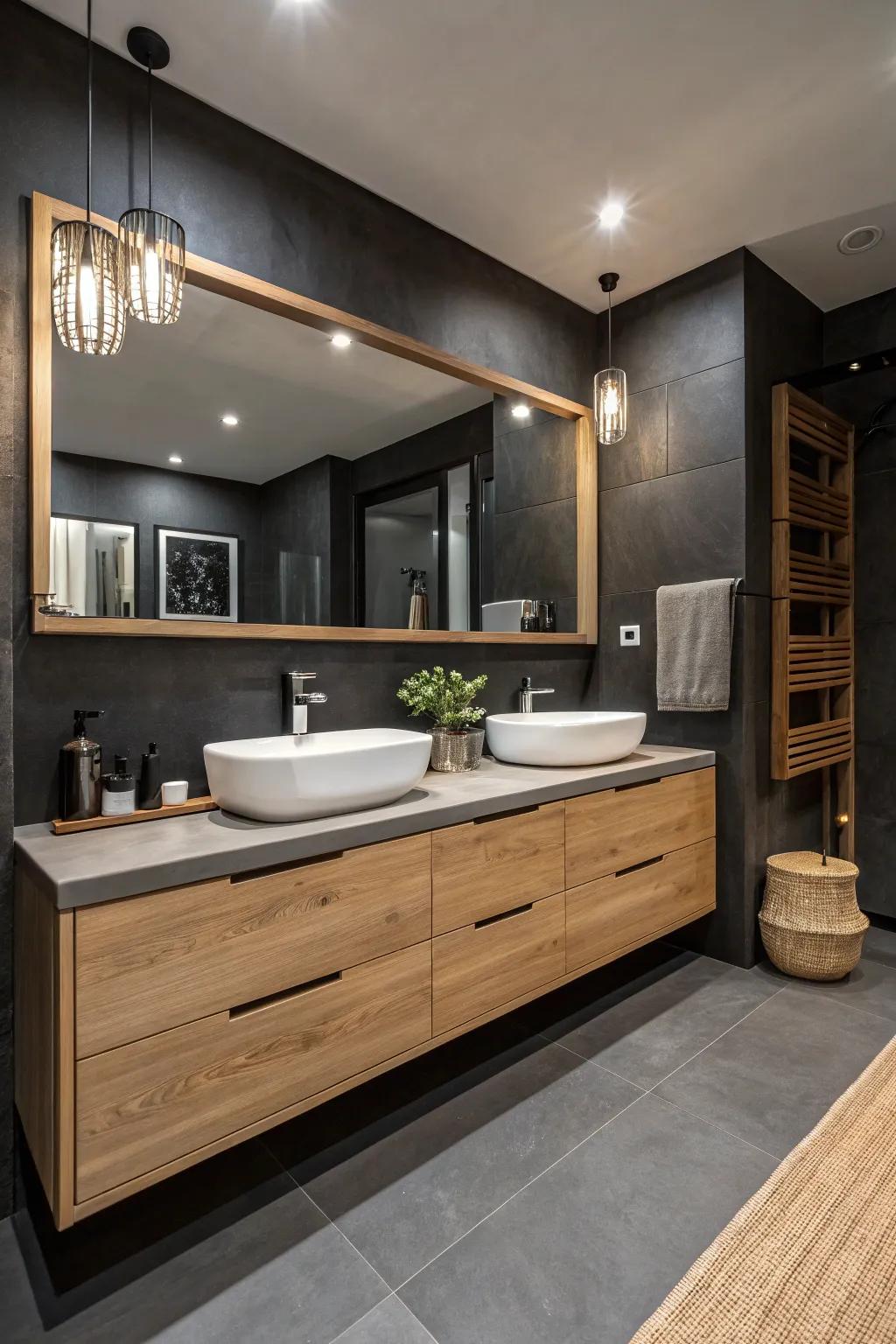 Charcoal walls add a touch of modern sophistication.